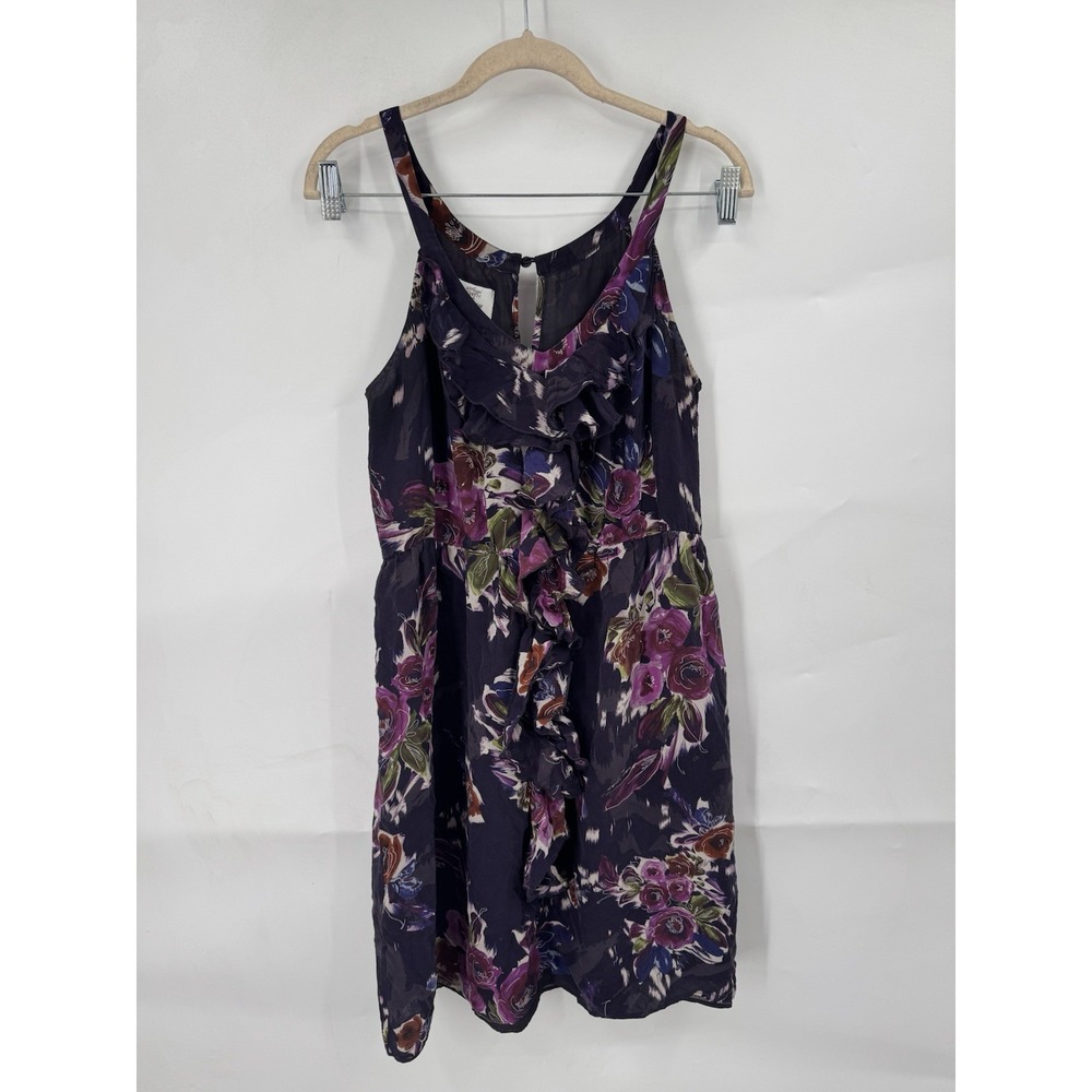 Suzi Chin For Maggy Boutique 100% Silk Purple Floral Ruffle Mini‎ Dress Women 8